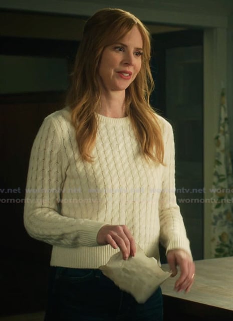 Katherine’s white cable knit sweater on My Life with the Walter Boys Katherine’s white cable knit sweater on My Life with the Walter Boys