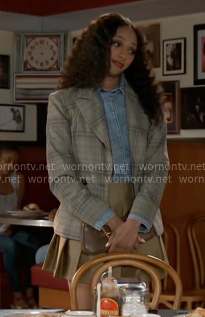 Kat’s plaid blazer, denim tie shirt and pleated skirt on Beyond the Gates Kat’s plaid blazer, denim tie shirt and pleated skirt on Beyond the Gates