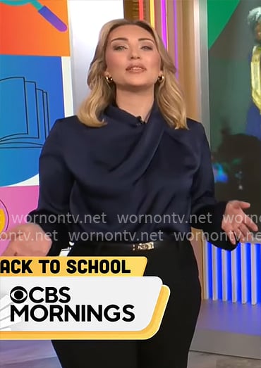 Kelly O'Grady's navy satin blouse on CBS Mornings