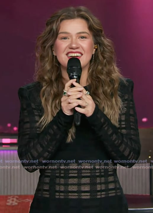 Kelly’s black sheer dress on The Kelly Clarkson Show Kelly’s black sheer dress on The Kelly Clarkson Show