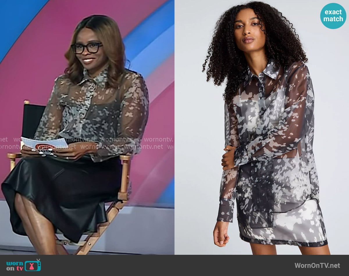 Kenneth Cole Print Sheer Button-Up Shirt in Mink Taupe Oyster worn by Jacqueline Coley on Today Kenneth Cole Print Sheer Button-Up Shirt in Mink Taupe Oyster worn by Jacqueline Coley on Today