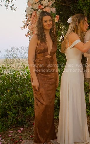 Kiara's brown striped cutout maxi dress on Outer Banks