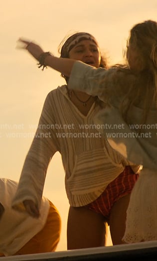 Kiara's white striped hoodie on Outer Banks