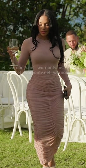 Kristy Sarah's pink ruched mesh dress on The Girls A Khloe Kardashian Project