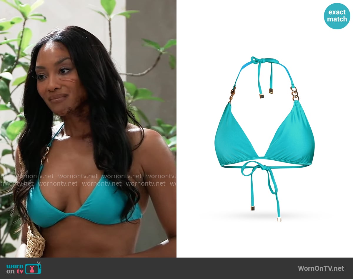 L'Agence Annabelle Shimmer Triangle Bikini Top in Aqua worn by Jordan Ashford (Tanisha Mariko Harper) on General Hospital L'Agence Annabelle Shimmer Triangle Bikini Top in Aqua worn by Jordan Ashford (Tanisha Mariko Harper) on General Hospital