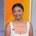 Lana Condor’s white polka dot mini dress on Today Lana Condor’s white polka dot mini dress on Today