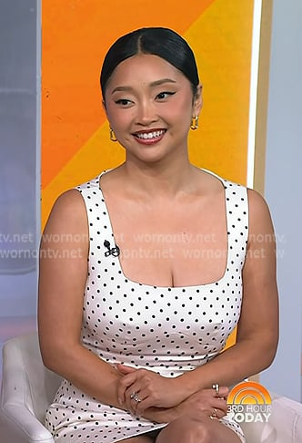 Lana Condor’s white polka dot mini dress on Today