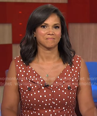 Laura’s brown polka dot v-neck dress on NBC News Daily Laura’s brown polka dot v-neck dress on NBC News Daily