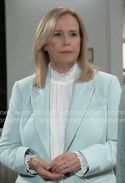 Laura’s white top and light blue blazer on General Hospital Laura’s white top and light blue blazer on General Hospital