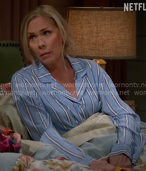 Leanne's blue striped pajamas on Leanne
