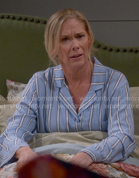 Leanne's blue striped pajamas on Leanne