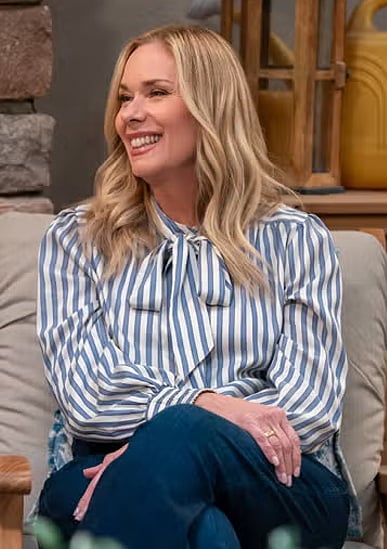 Leanne’s blue striped tie-neck blouse on Leanne Leanne’s blue striped tie-neck blouse on Leanne