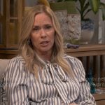 Leanne’s blue striped tie-neck blouse on Leanne