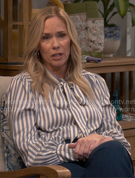 Leanne's blue striped tie-neck blouse on Leanne
