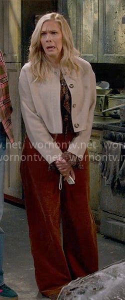 Leanne's brown printed blouse with jacket and corduroy pants on Leanne