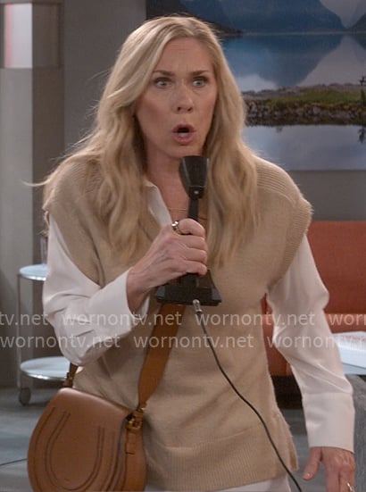 Leanne’s camel sweater vest with white shirt on Leanne Leanne’s camel sweater vest with white shirt on Leanne