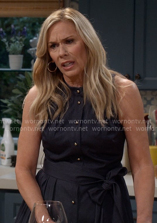 Leanne’s navy dress with gold button front on Leanne Leanne’s navy dress with gold button front on Leanne