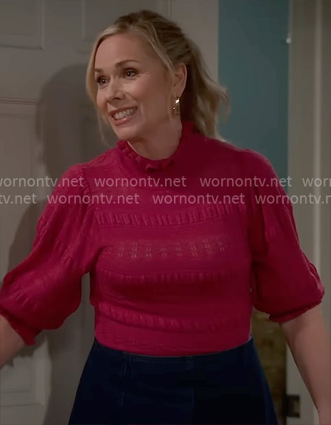 Leanne's pink textured top and wedges on Leanne