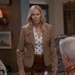 Leanne's polka dot top, camel blazer, pink cardigan and pants on Leanne