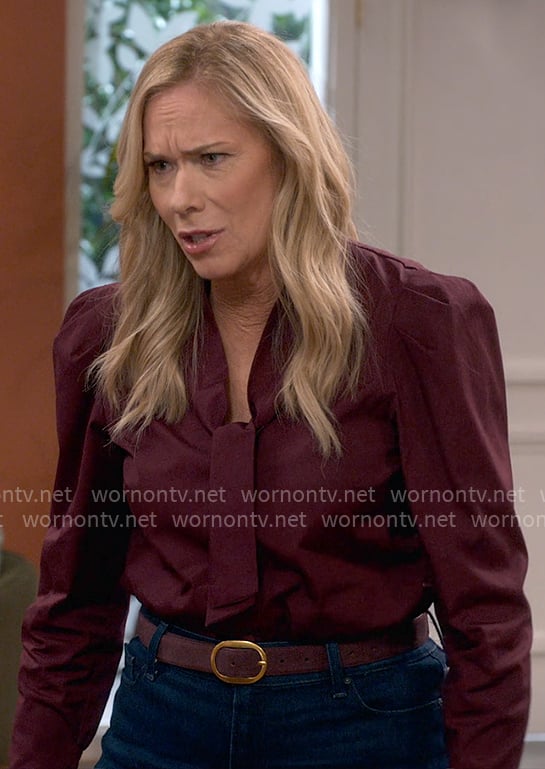 Leanne’s purple tie-neck blouse on Leanne