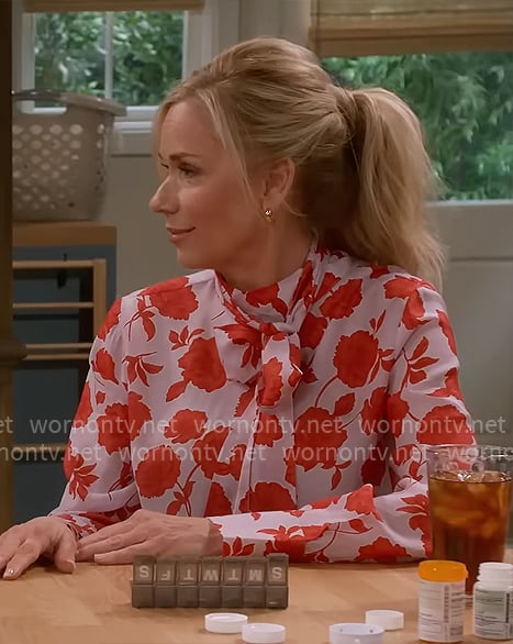 Leanne's red floral blouse on Leanne