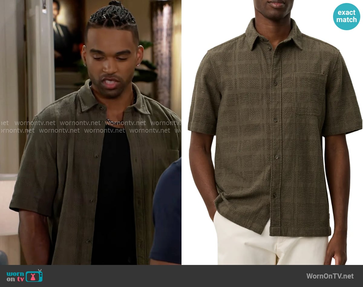 Les Deux Charlie Shirt in Olive Night worn by Izaiah Hawthorne (David Lami Friebe) on Beyond the Gates