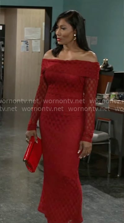 Leslie’s red lace off-shoulder maxi dress on Beyond the Gates Leslie’s red lace off-shoulder maxi dress on Beyond the Gates