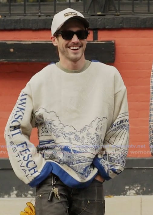 Liam’s white and blue car graphic sweatshirt on Next Gen NYC