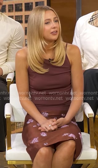 Lucy Freyer’s burgundy floral embellished skirt on Good Morning America