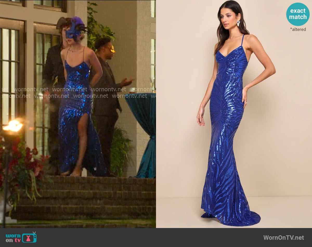 Lulus Sparkle 'til Dawn Sequin Lace-Up Mermaid Maxi Dress in Royal Blue worn by Sarah Cameron (Madelyn Cline) on Outer Banks Lulus Sparkle 'til Dawn Sequin Lace-Up Mermaid Maxi Dress in Royal Blue worn by Sarah Cameron (Madelyn Cline) on Outer Banks
