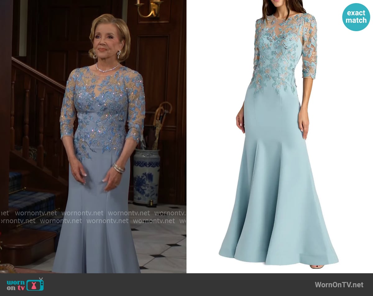 Mac Duggal Embroidered Crepe Mermaid Gown with Illusion Neckline worn by Nikki Reed Newman (Melody Thomas-Scott) on The Young and the Restless