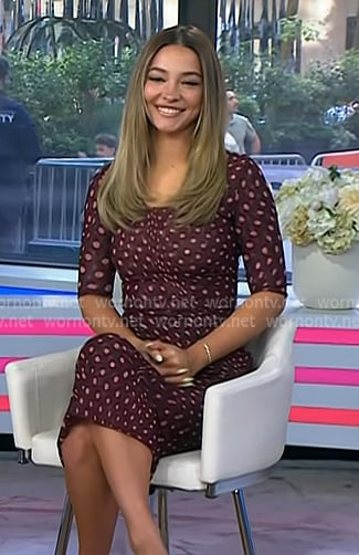 Madelyn Cline’s burgundy polka dot top and skirt on Today