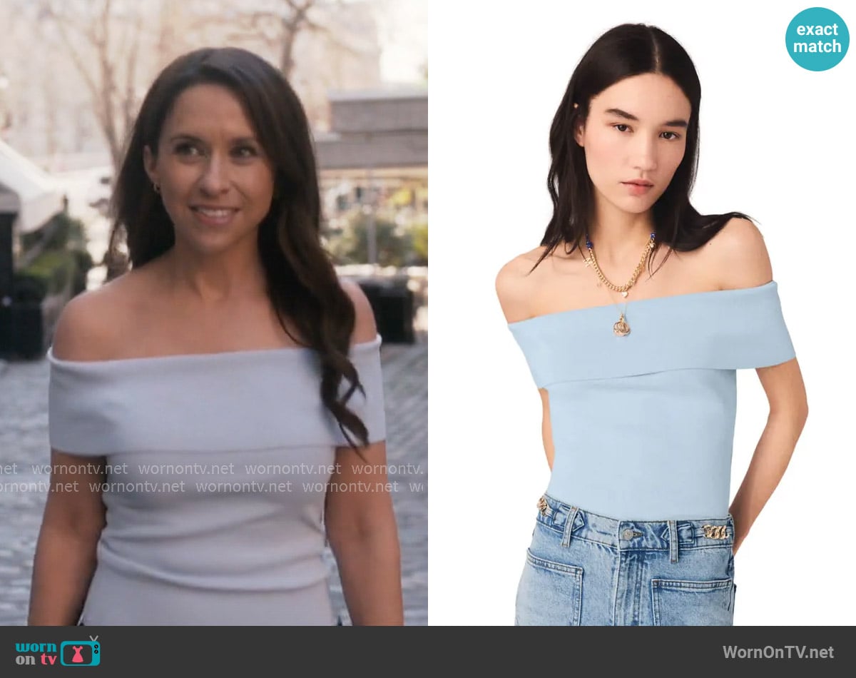 Maje Bardot Rib Knit Top in Blue Sky worn by Chelsea Martin (Lacey Chabert) on Paris is Always a Good Idea Maje Bardot Rib Knit Top in Blue Sky worn by Chelsea Martin (Lacey Chabert) on Paris is Always a Good Idea