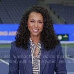 Malika Andrews’s paisley print shirt and pinstripe denim blazer on Good Morning America Malika Andrews’s paisley print shirt and pinstripe denim blazer on Good Morning America