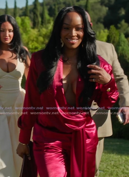 Malika’s red satin blazer and pants on The Girls A Khloe Kardashian Project