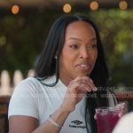 Malika’s white logo embroidered tee on The Girls A Khloe Kardashian Project Malika’s white logo embroidered tee on The Girls A Khloe Kardashian Project