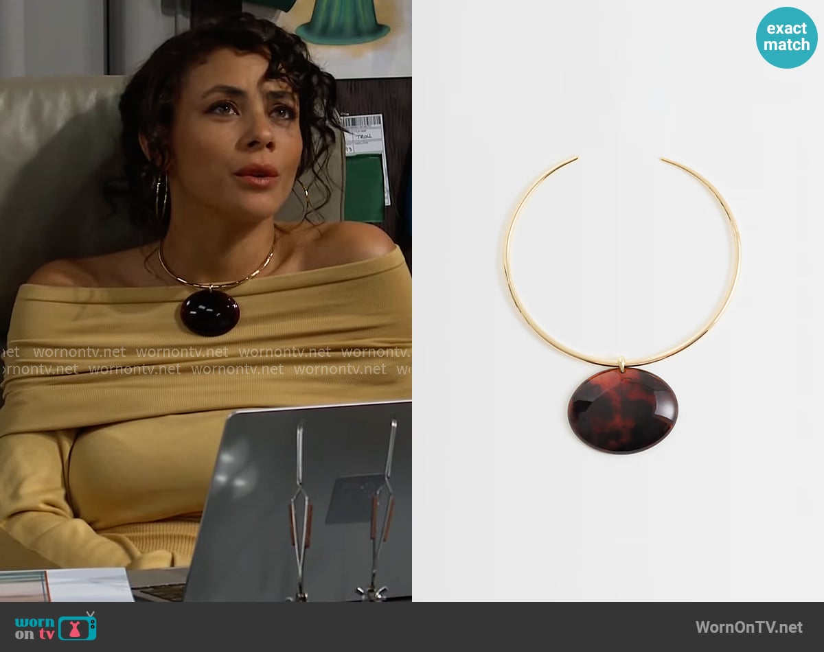 Mango Statement Pendant Necklace in Gold Tone worn by Daphne Rose (Murielle Hilaire) on The Bold and the Beautiful Mango Statement Pendant Necklace in Gold Tone worn by Daphne Rose (Murielle Hilaire) on The Bold and the Beautiful