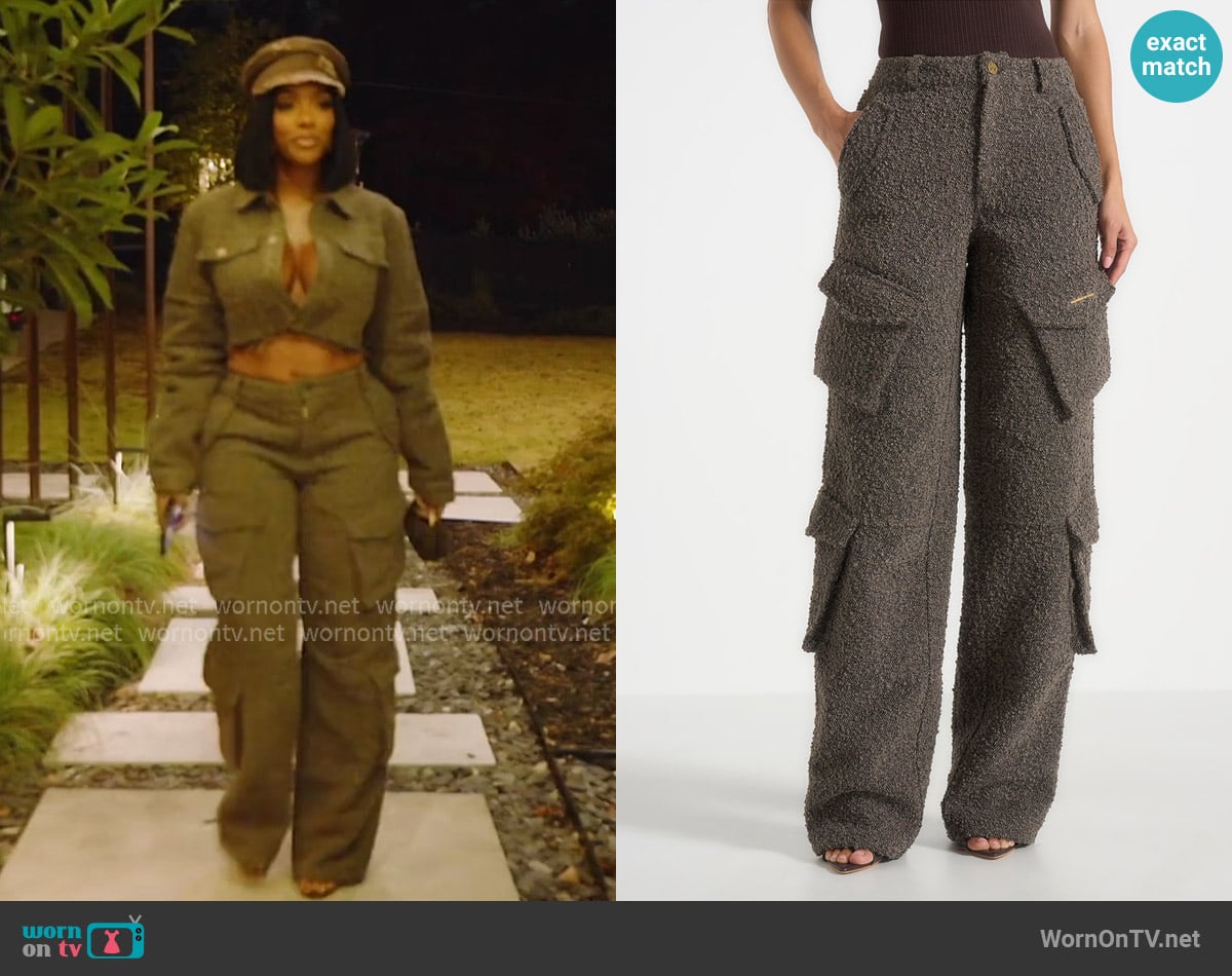 Maniere De Voir Anne Textured Boucle Wide Leg Cargo Trousers worn by Porsha Williams on The Real Housewives of Atlanta
