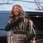 Mary Cosby’s black chain embellished jacket on The Real Housewives Ultimate Girls Trip Mary Cosby’s black chain embellished jacket on The Real Housewives Ultimate Girls Trip