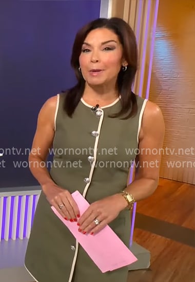 Meg Oliver’s olive button front mini dress on CBS Mornings Meg Oliver’s olive button front mini dress on CBS Mornings