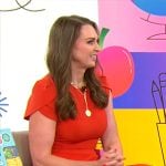 Megan McNamee’s red short-sleeve dress on CBS Mornings