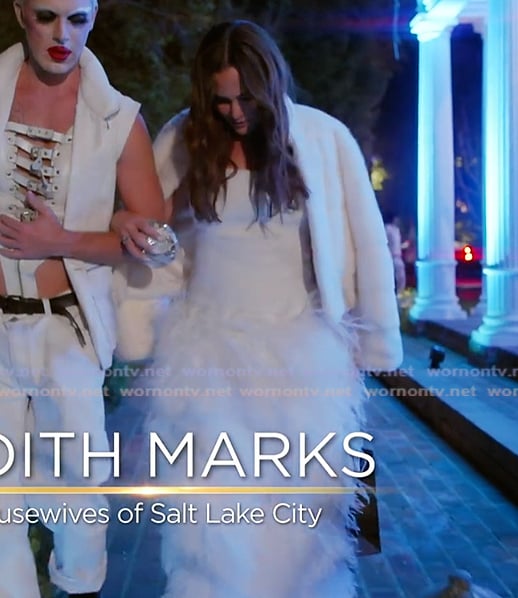 Meredith Parks white feather dress on The Real Housewives Ultimate Girls Trip Meredith Parks white feather dress on The Real Housewives Ultimate Girls Trip