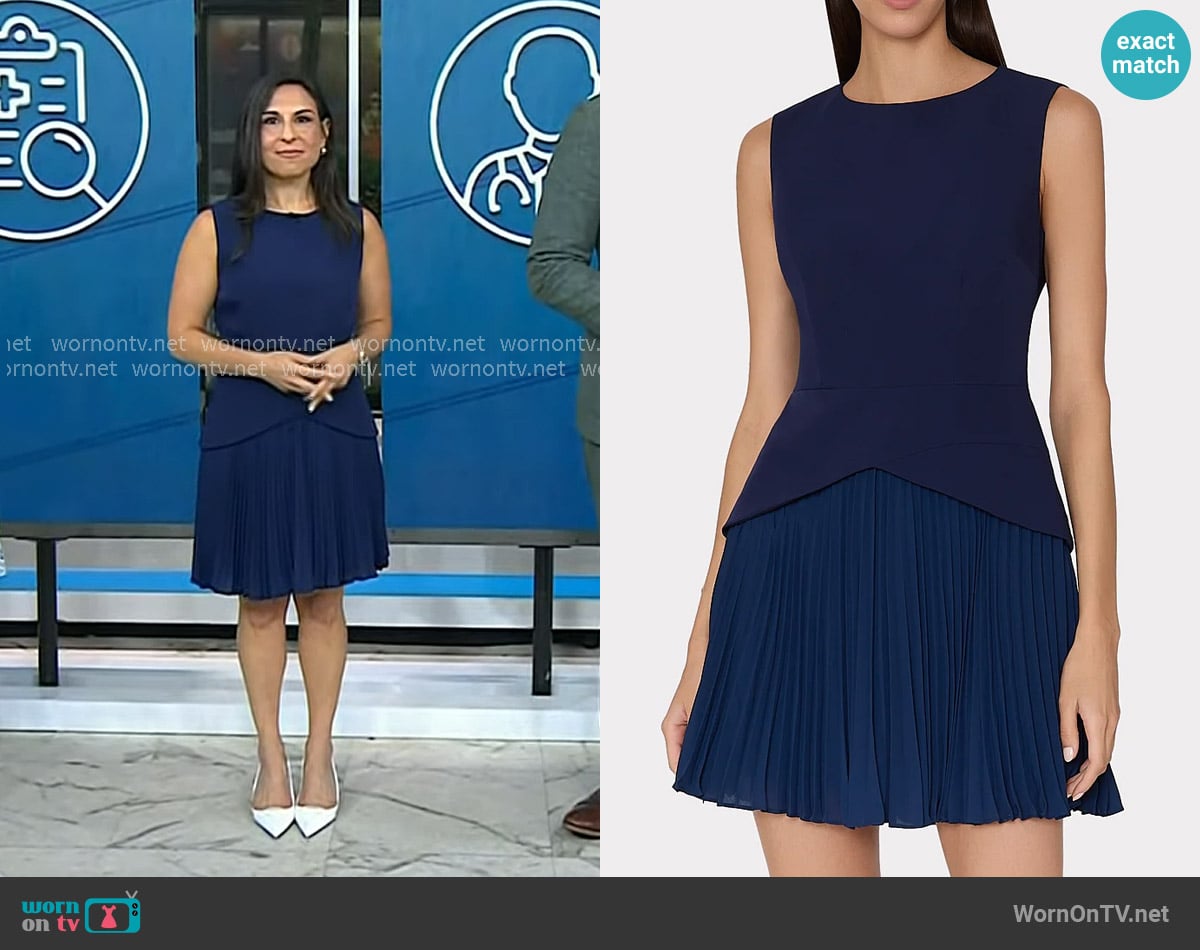Milly Haddy Pleated Mini Dress in Navy worn by Dr. Heather Hirsch on Today