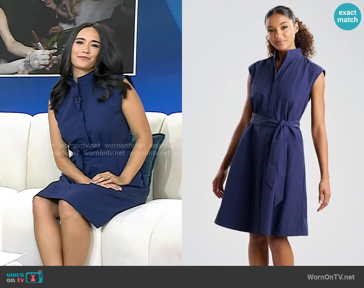 N Natori Solid Taffeta Tie Front Dress in Navy worn by Emilie Ikeda on Today