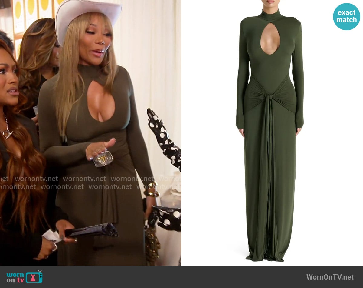 Naked Wardrobe Cutout Tie Front Long Sleeve Maxi Dress worn by Angela Oakley on The Real Housewives of Atlanta Naked Wardrobe Cutout Tie Front Long Sleeve Maxi Dress worn by Angela Oakley on The Real Housewives of Atlanta