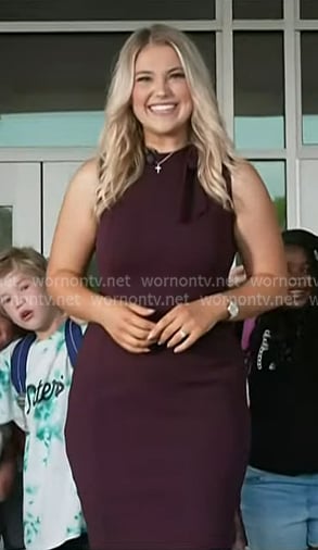 Naomi Popa’s burgundy tie neck sheath dress on Today