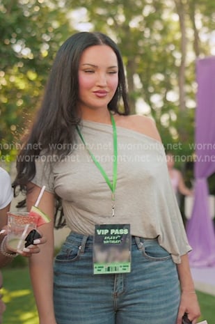 Natalie's grey off-shoulder top on The Girls A Khloe Kardashian Project