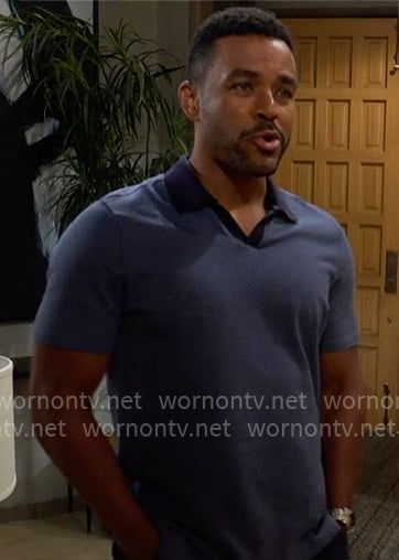 Nate’s blue diagonal stripe polo shirt on The Young and the Restless Nate’s blue diagonal stripe polo shirt on The Young and the Restless