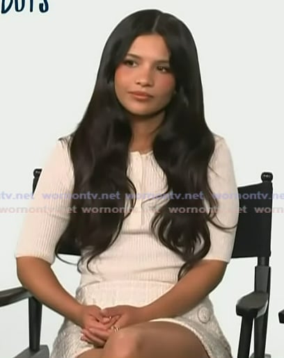 Nikki Rodriguez’s white mini skirt and top on Access Hollywood Nikki Rodriguez’s white mini skirt and top on Access Hollywood