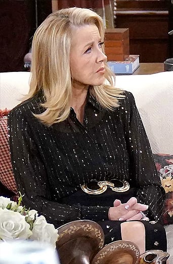 Nikki’s black metallic stripe blouse on The Young and the Restless Nikki’s black metallic stripe blouse on The Young and the Restless